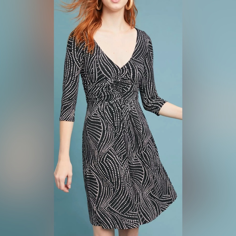 Anthropologie Maeve Ruched V-Neck Dress Size Small Black & White Dotted Pattern